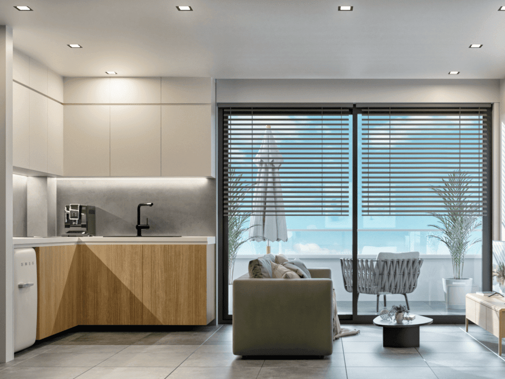 Contemporary apartment in Koukaki, Athens with balcony and city views.