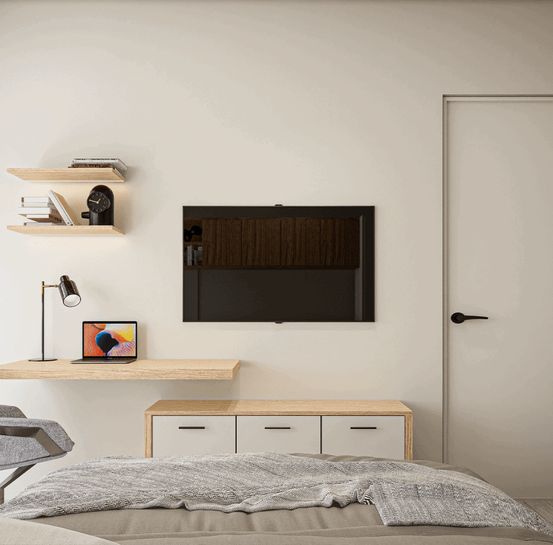 Elegant bedroom interior with wall-mounted TV, desk, and neutral tones.