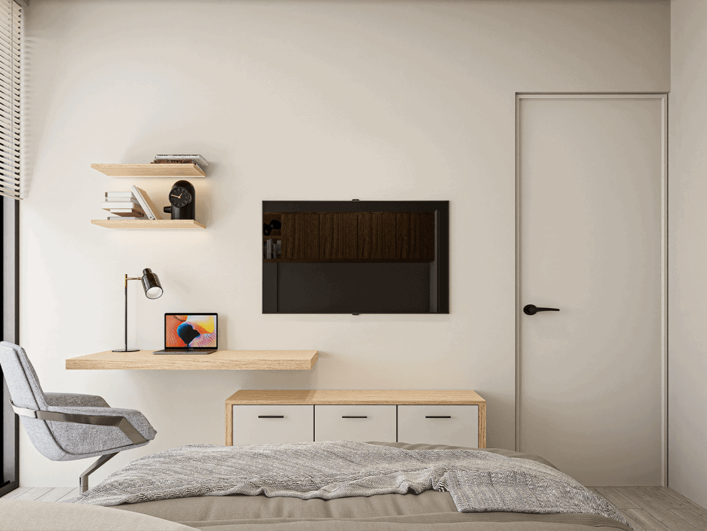 Elegant bedroom interior with wall-mounted TV, desk, and neutral tones.