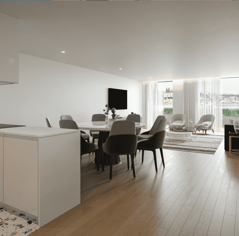 Spacious living room with large windows, stylish furniture, and contemporary decor.