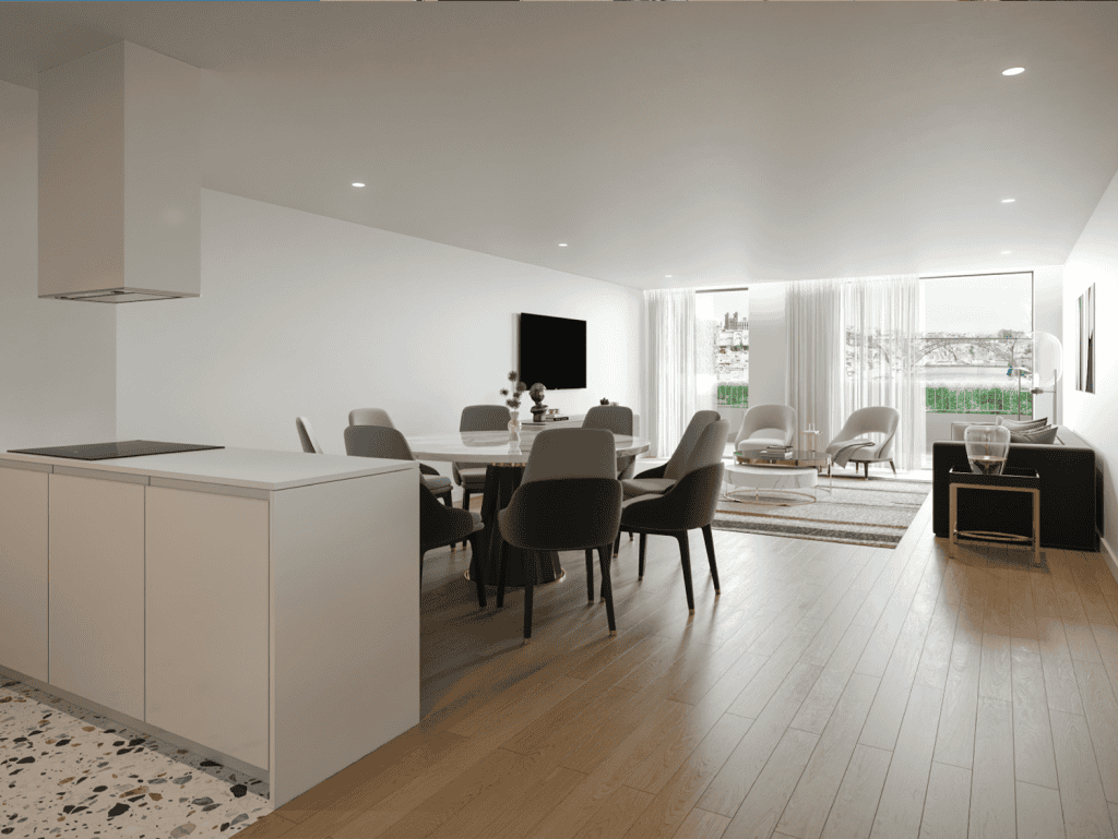 Spacious living room with large windows, stylish furniture, and contemporary decor.