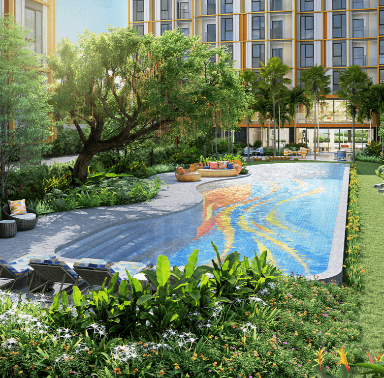 Pool area with lush greenery and modern amenities in Central Phuket, Thailand.