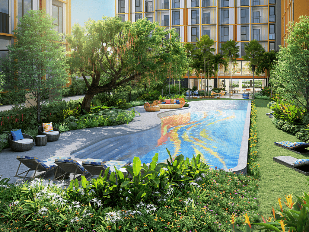 Pool area with lush greenery and modern amenities in Central Phuket, Thailand.