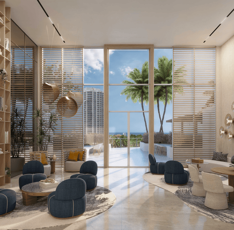 Spacious Miami property featuring modern interior design, large windows, and stunning ocean views. P.