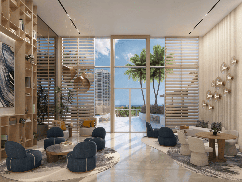 Spacious Miami property featuring modern interior design, large windows, and stunning ocean views. P.