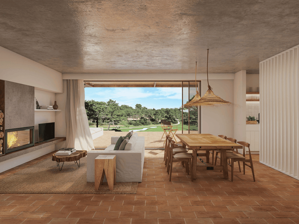 Spacious Algarve living room with large glass doors, offering a view of lush greenery and outdoor sp.