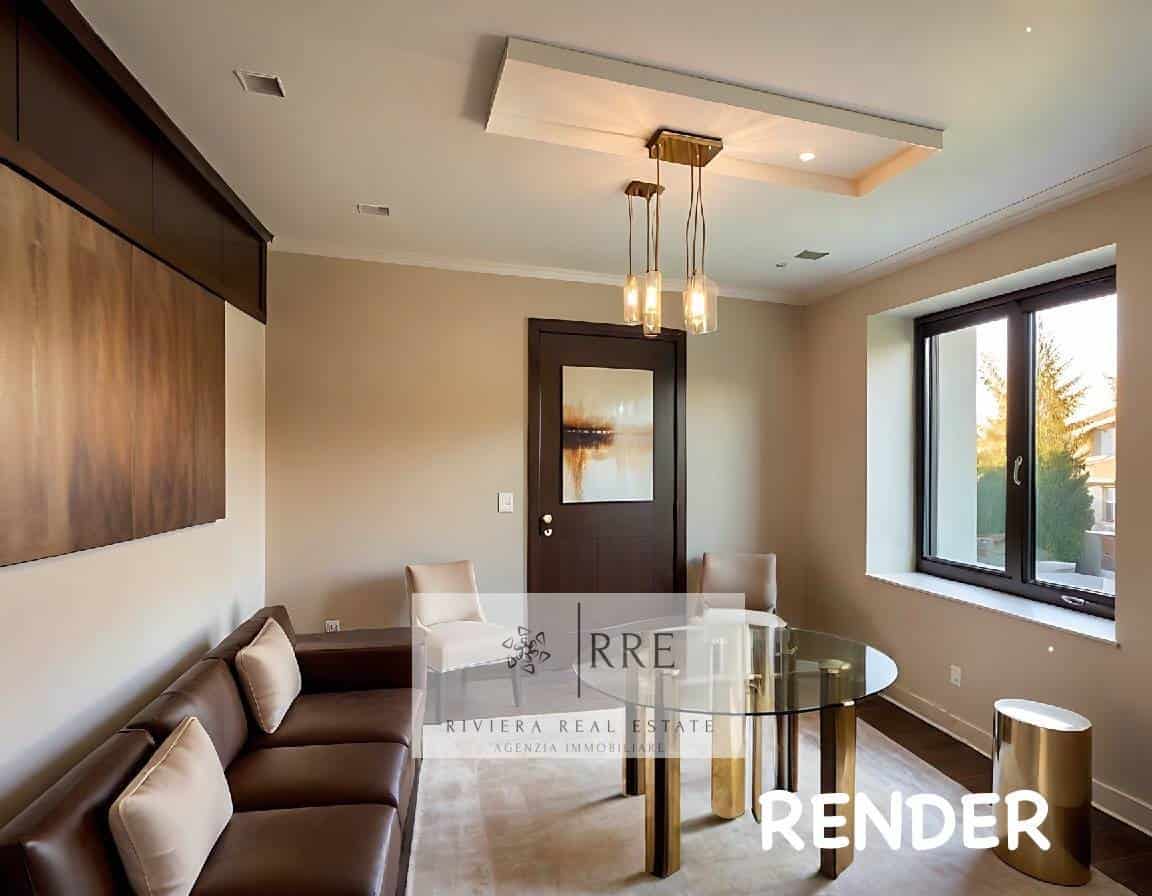Modern living room with large window, cozy seating, and elegant lighting fixtures.