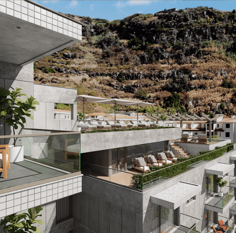 Modern apartment terrace with mountain view in Ribeira Brava, Madeira, Portugal.