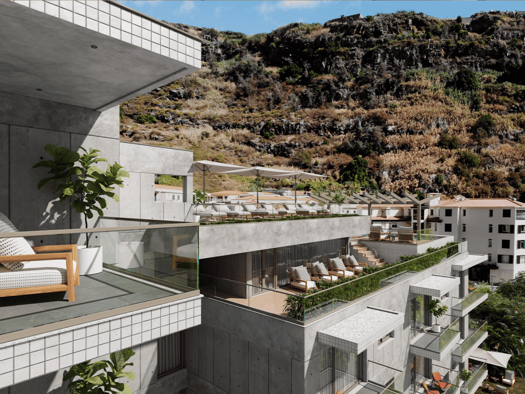 Modern apartment terrace with mountain view in Ribeira Brava, Madeira, Portugal.