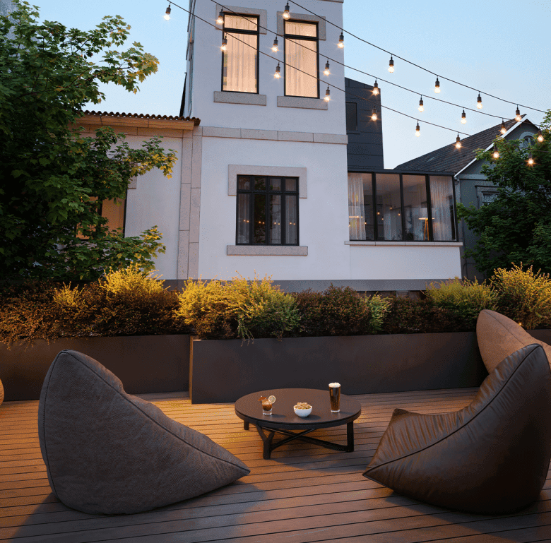 Outdoor terrace with comfortable seating and ambient string lights in Matosinhos, Portugal.