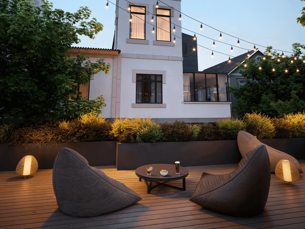 Outdoor terrace with comfortable seating and ambient string lights in Matosinhos, Portugal.