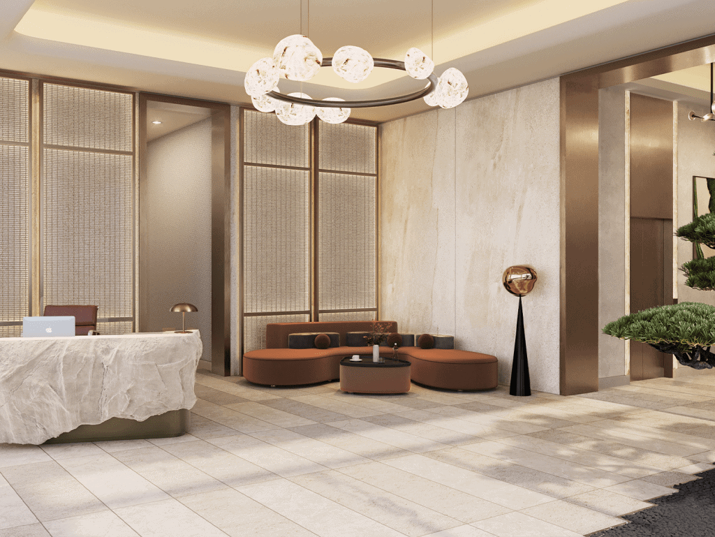 Elegant lobby with modern decor at Signature District, Miami, Florida.
