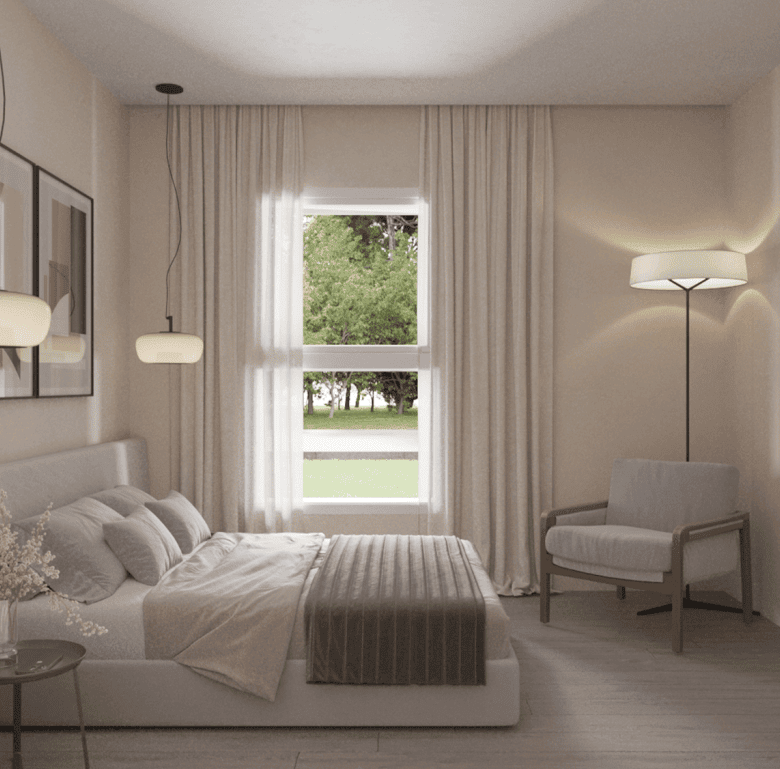 Elegant bedroom with large window overlooking greenery.