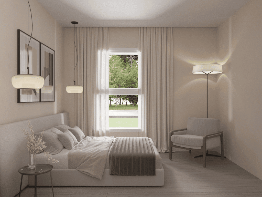 Elegant bedroom with large window overlooking greenery.