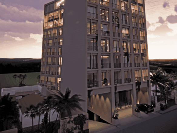 Modern apartment building in Bucerias, Mexico at sunset.