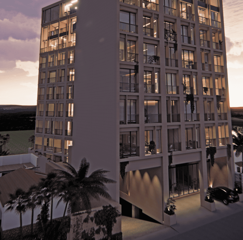 Modern apartment building in Bucerias, Mexico at sunset.