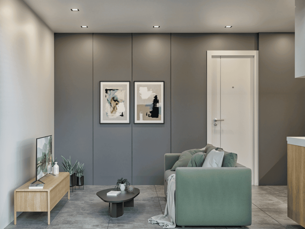 Cozy Athens living room with contemporary furniture and wall art.