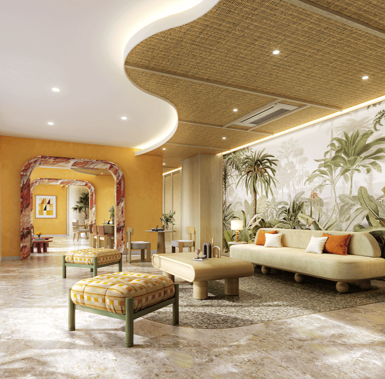 Elegant Phuket living room featuring tropical wall art, stylish furniture, and natural lighting. Per.