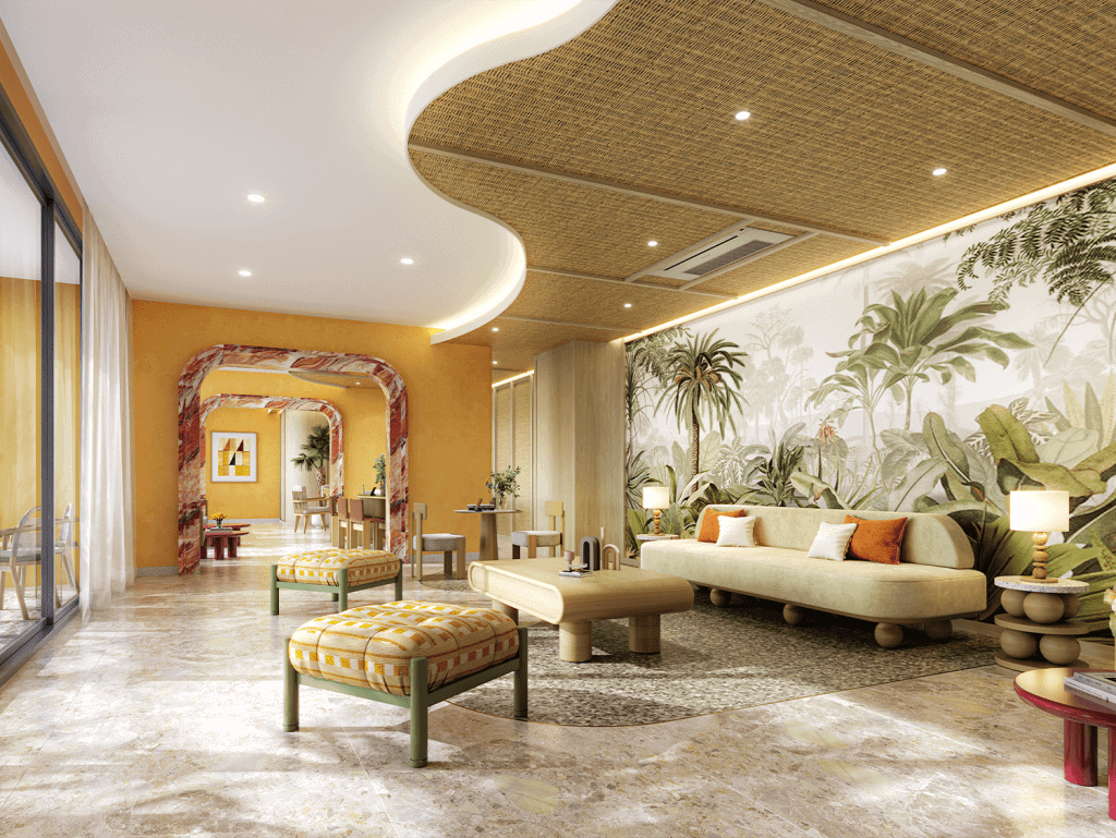 Elegant Phuket living room featuring tropical wall art, stylish furniture, and natural lighting. Per.