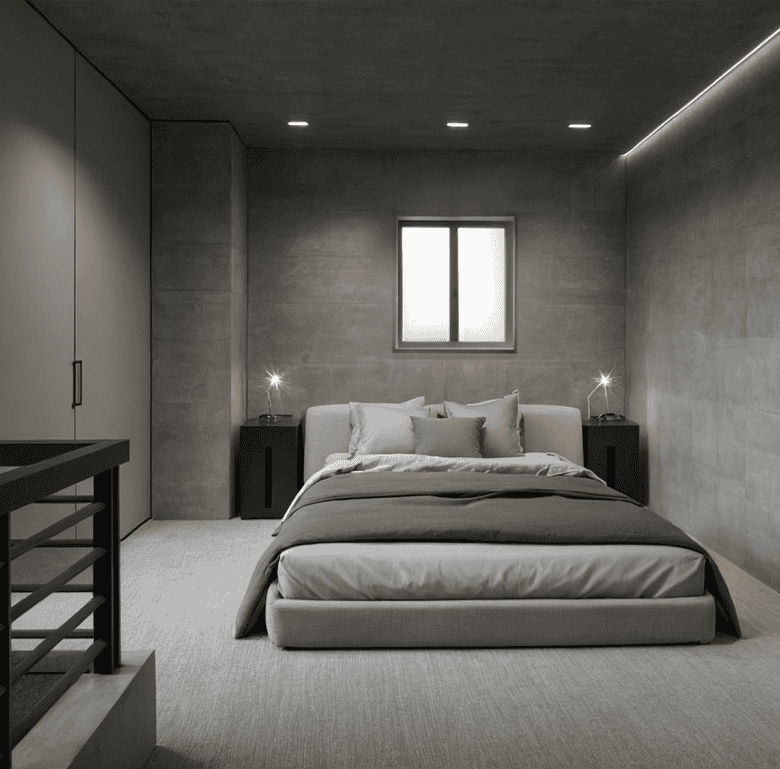 Modern bedroom at Portside Residences in Athens, Greece, showcasing minimalist design and contempora.