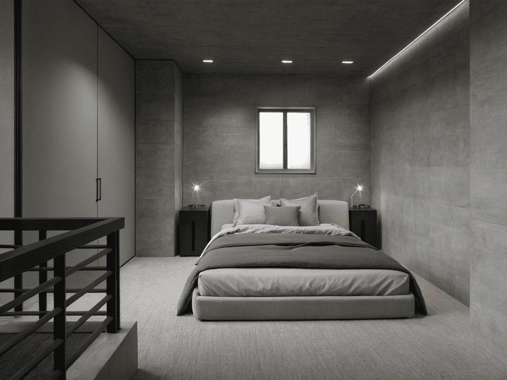 Modern bedroom at Portside Residences in Athens, Greece, showcasing minimalist design and contempora.