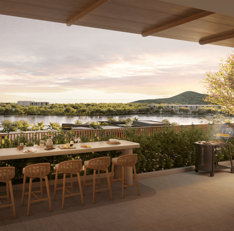 Luxury Phuket Canvas terrace overlooking the river at sunset.