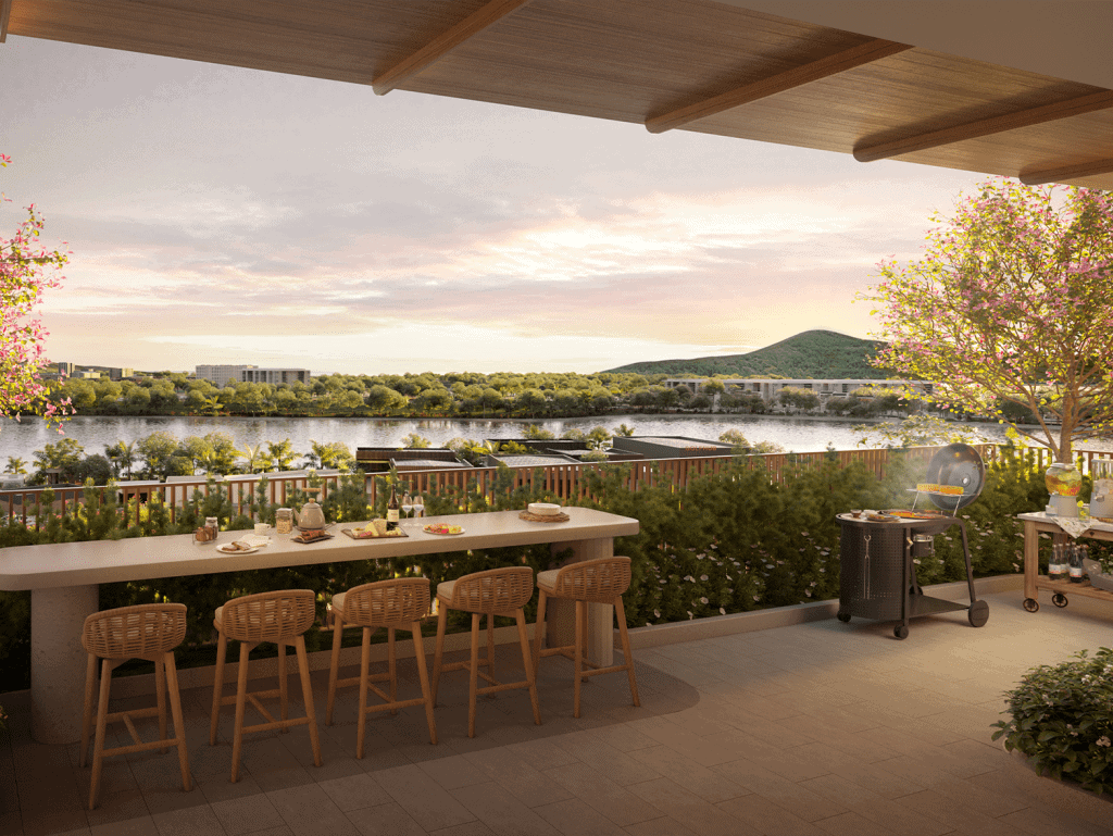 Luxury Phuket Canvas terrace overlooking the river at sunset.