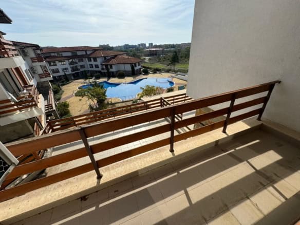 Apartment balcony overlooking the pool at Gardenia Hills, Sunny Beach.