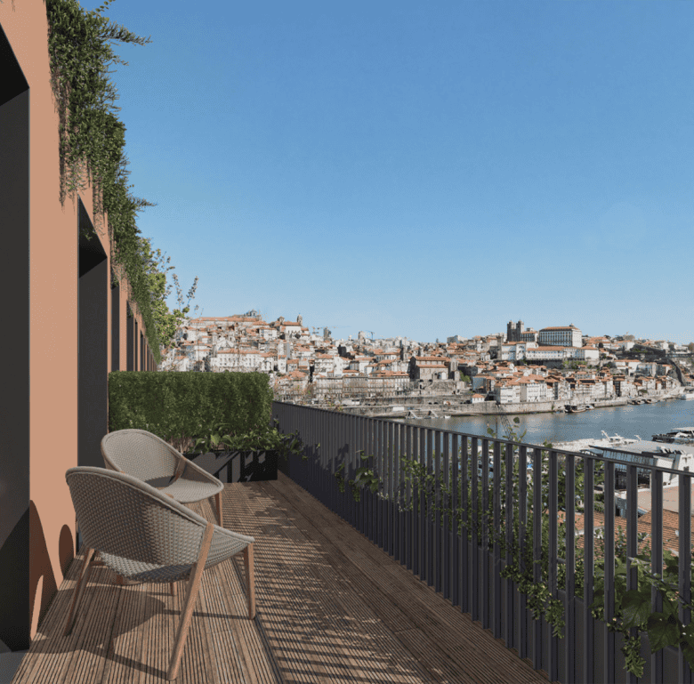 Beautiful balcony view of Porto's historic cityscape and Douro River from Land Roots property.