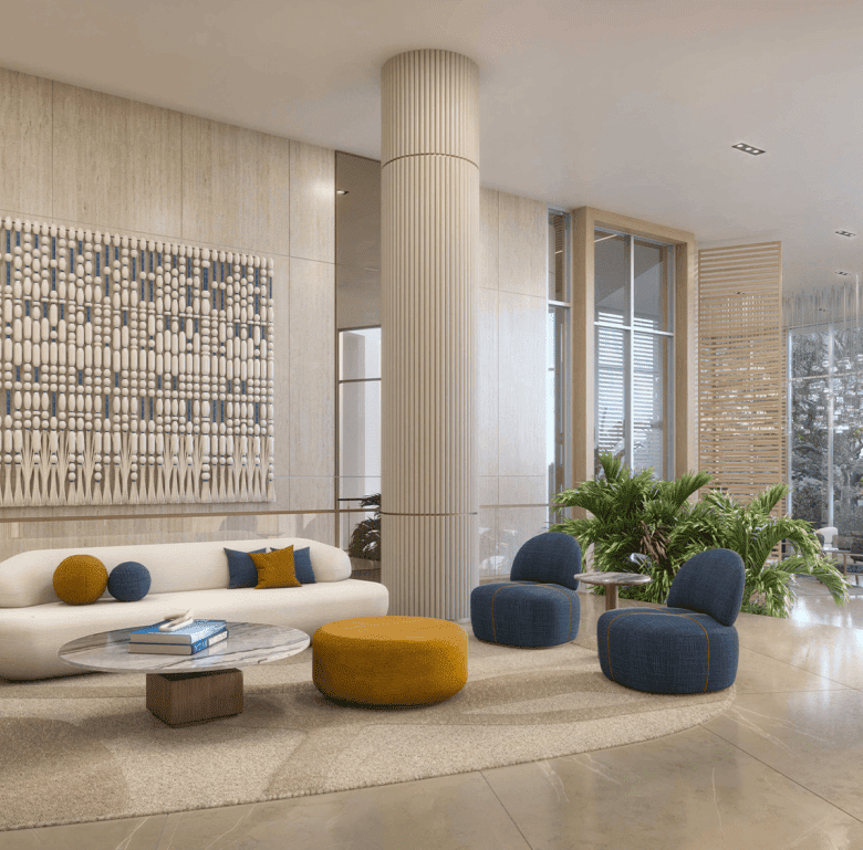 Elegant Miami property lobby featuring contemporary furniture, lush plants, and large windows with s.