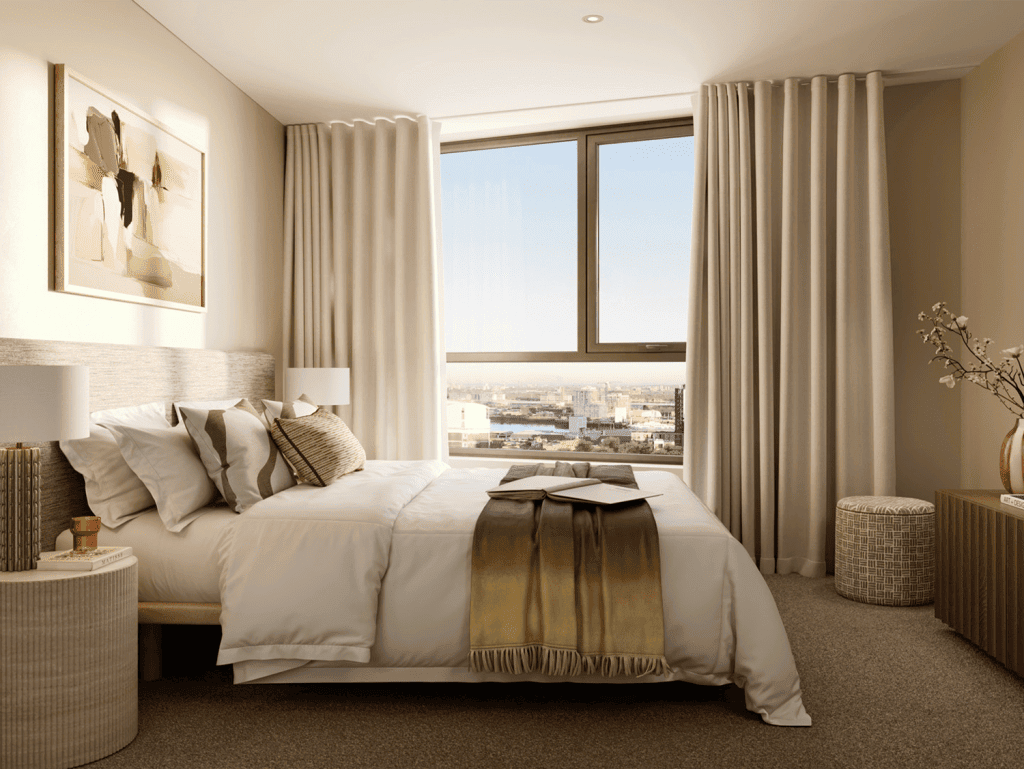 Modern bedroom with city view in Woolwich Tower, London.