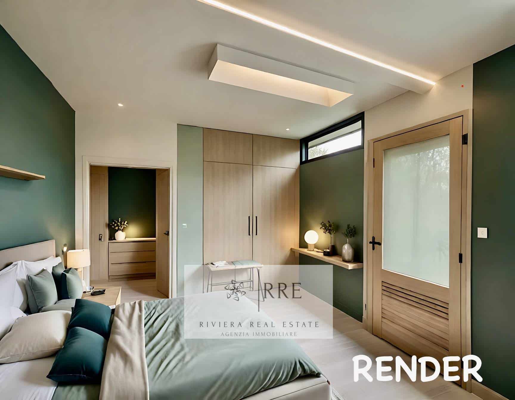 Modern bedroom with green walls, wooden accents, and contemporary furniture design.