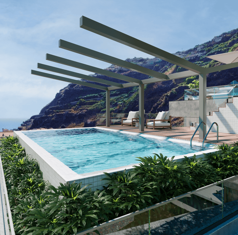 Luxury pool with scenic ocean views in Ribeira Brava, Madeira, Portugal. Perfect for relaxing and en.