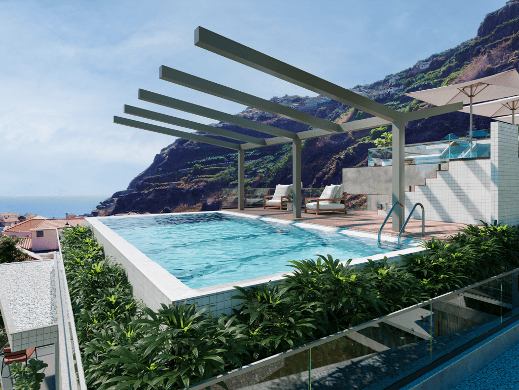 Luxury pool with scenic ocean views in Ribeira Brava, Madeira, Portugal. Perfect for relaxing and en.