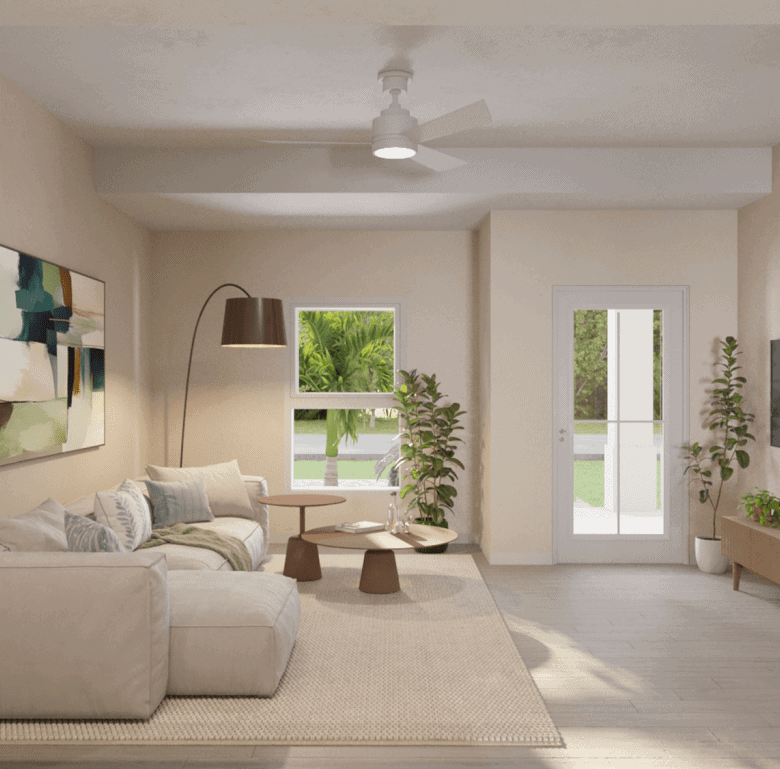 Bright living room in Little Palm, Florida with modern decor and large windows.