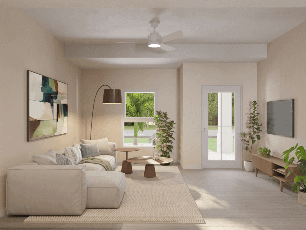 Bright living room in Little Palm, Florida with modern decor and large windows.