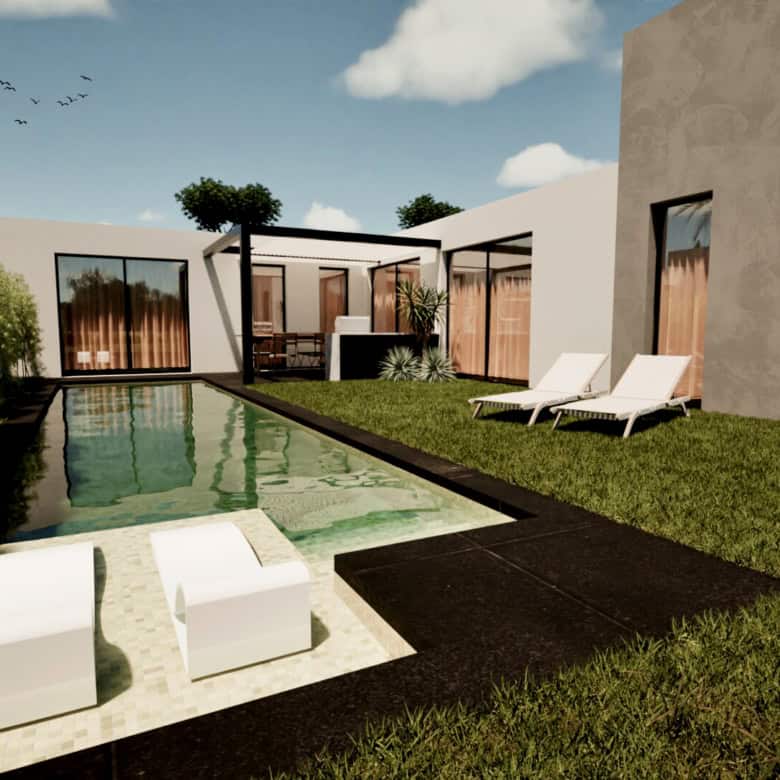 Contemporary villa with private pool and outdoor lounging area in Setubal, Portugal.