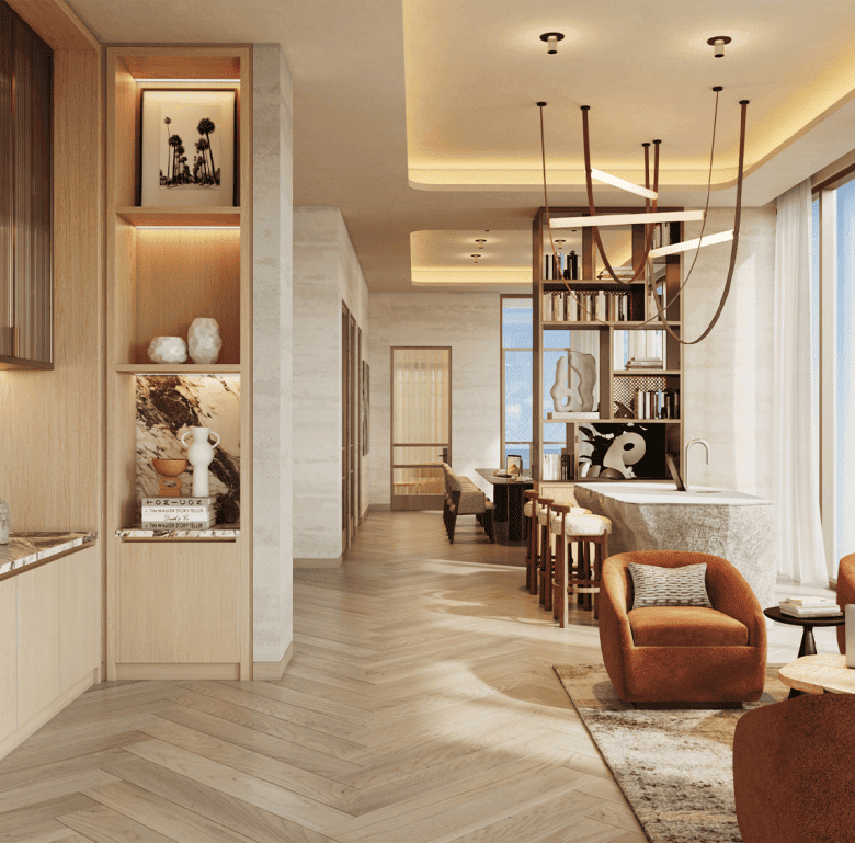 Modern Miami apartment living room with stylish furniture and decor.