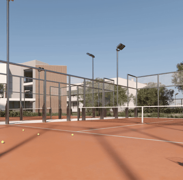Tennis court with nets and tennis balls in Algarve, Portugal, near The Court property.