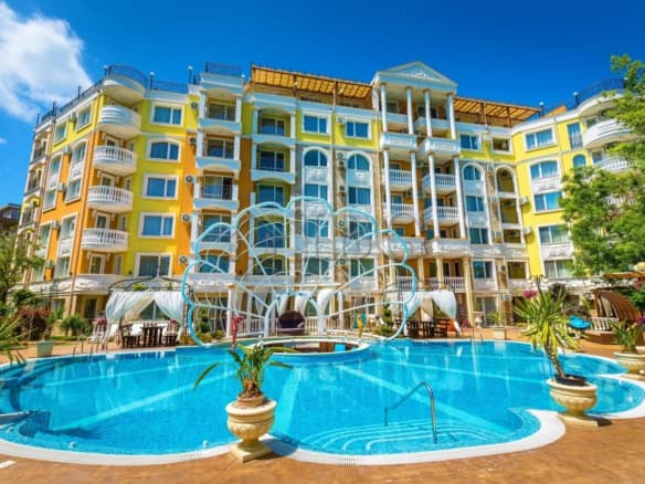 Bright 2-room apartment in Sweet Homes 3, Sunny Beach, with pool view and modern amenities.