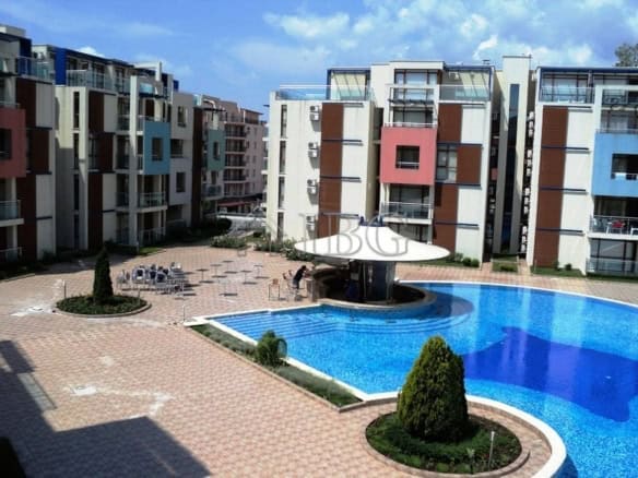 Bright Sun City 1 apartment complex with swimming pool in Sunny Beach, Bulgaria.