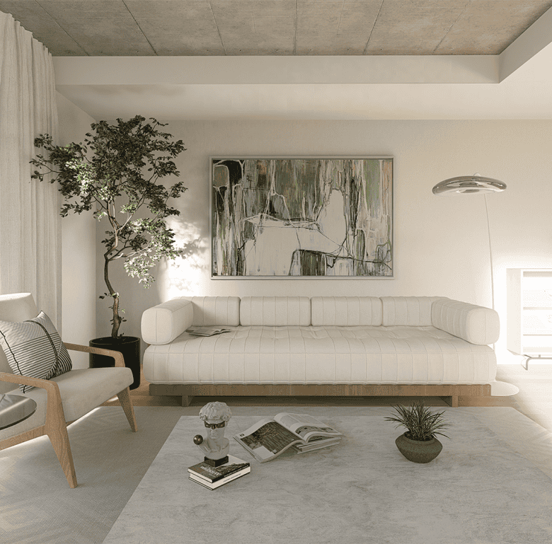 Elegant living room in Coimbra, Portugal with modern decor and natural light.