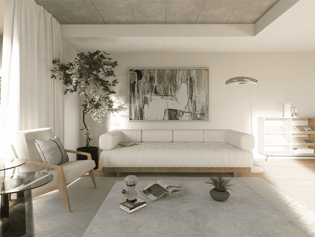 Elegant living room in Coimbra, Portugal with modern decor and natural light.