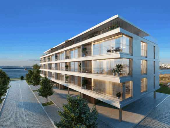 Modern waterfront apartment building in Porto, Portugal with glass balconies.