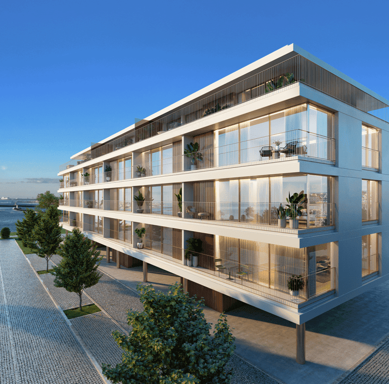 Modern waterfront apartment building in Porto, Portugal with glass balconies.