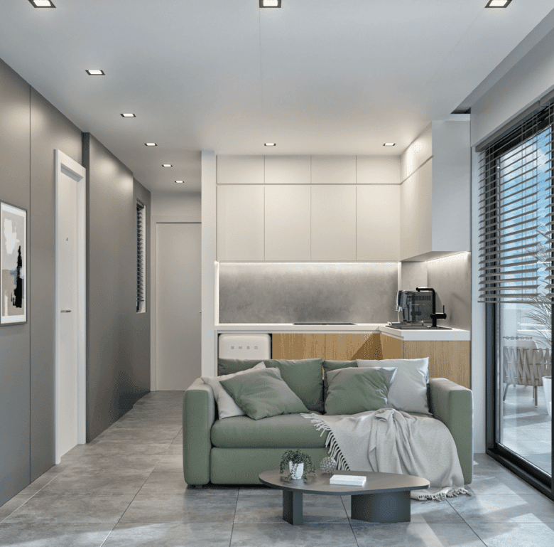 Modern Athens apartment interior with living room and balcony view.