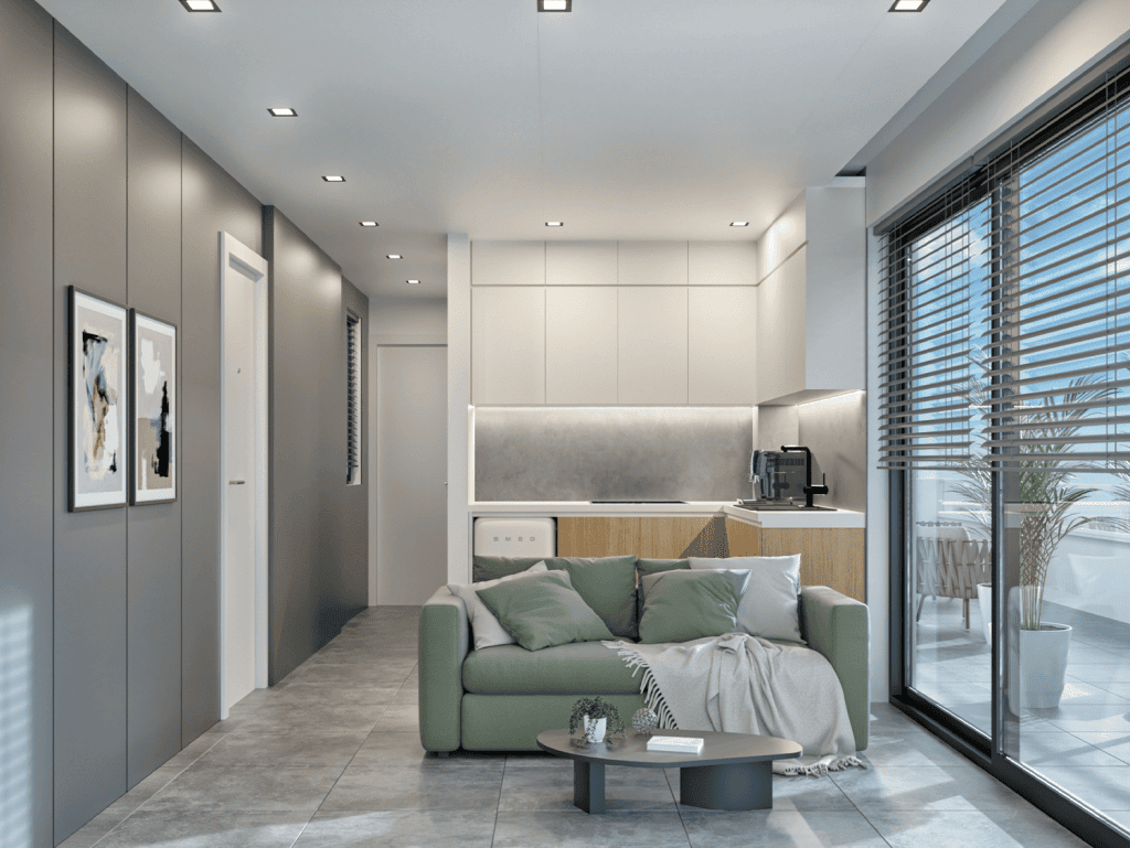 Modern Athens apartment interior with living room and balcony view.