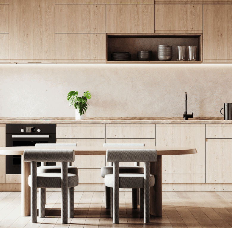 Modern Panama City kitchen with minimalist design and natural wood finishes.
