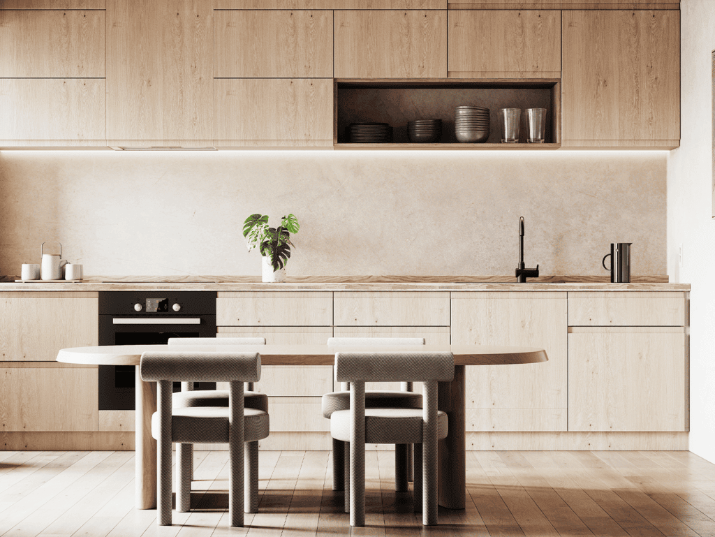 Modern Panama City kitchen with minimalist design and natural wood finishes.