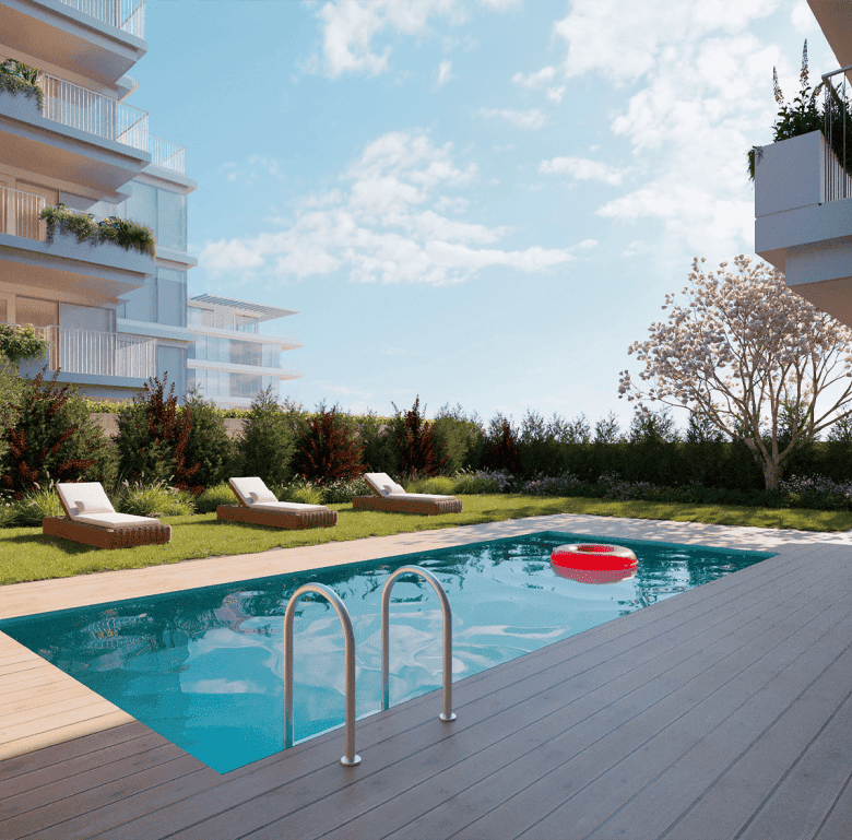 Porto apartment with pool, outdoor lounge, and garden views.